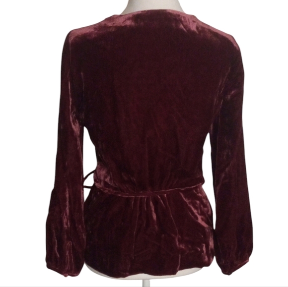 J. Crew Beautiful Burgundy Velvet Faux Wrap Blouse Puff Sleeves Size 0 - Picture 7 of 10
